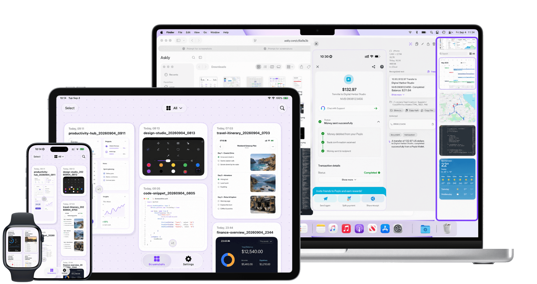 CloudShots on Mac, iPhone, iPad, and Apple Watch — one screenshot history across every device